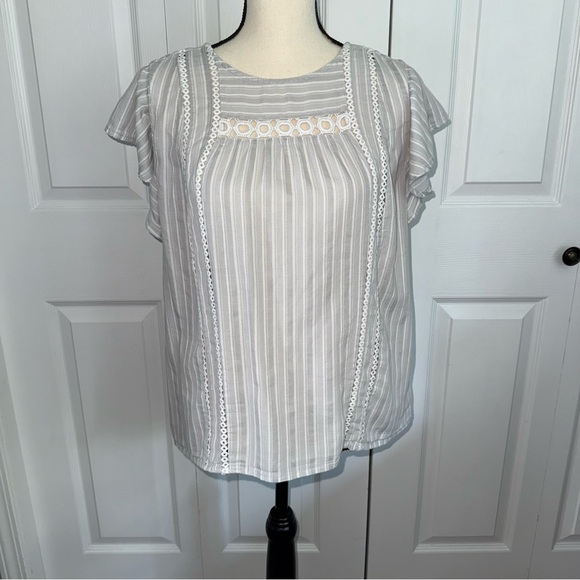 Lucky Brand Gray Striped Blouse with Lace Detail Boho style ruffled short sleeve - Picture 1 of 8